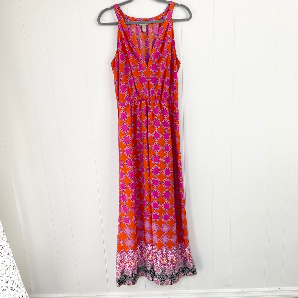 Banana Republic Orange Pink Geometric Maxi Dress Sleeveless V-Neck Size 10 - Picture 2 of 11